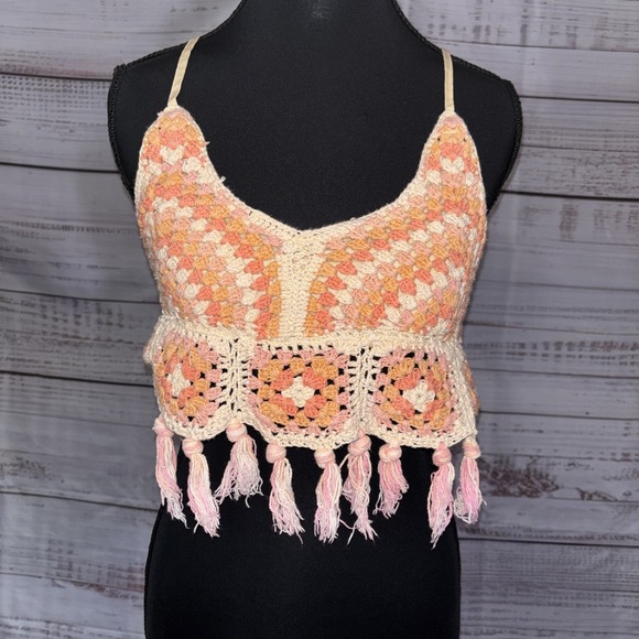 Vivid Tops - Crochet Fringe Crop Top - Boho Granny Square Festival Knit B-O-G Colllection L